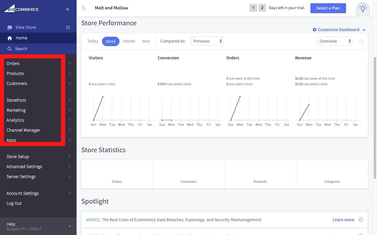 BigCommerce dashboard Features