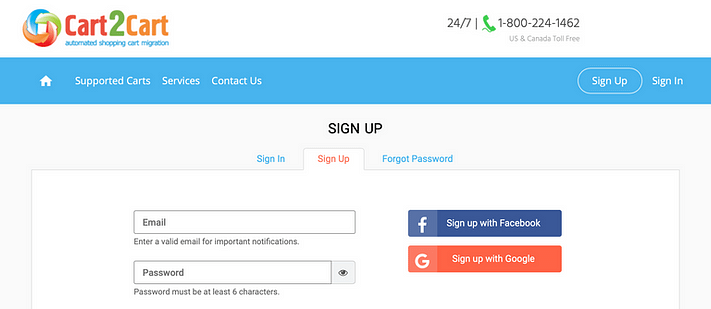 Cart2Cart Sign up