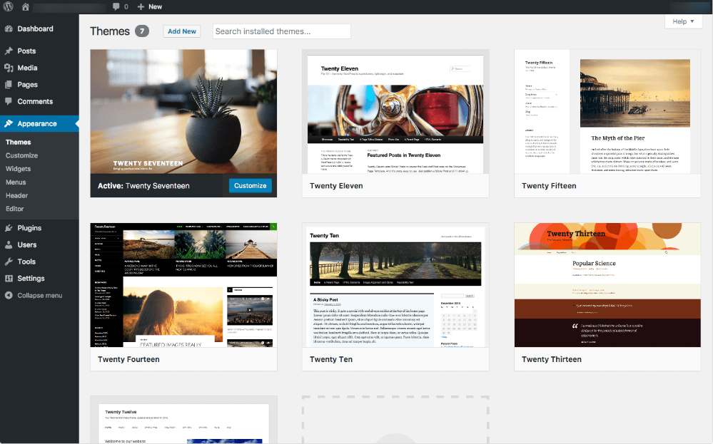 Free WordPress Themes dashboard