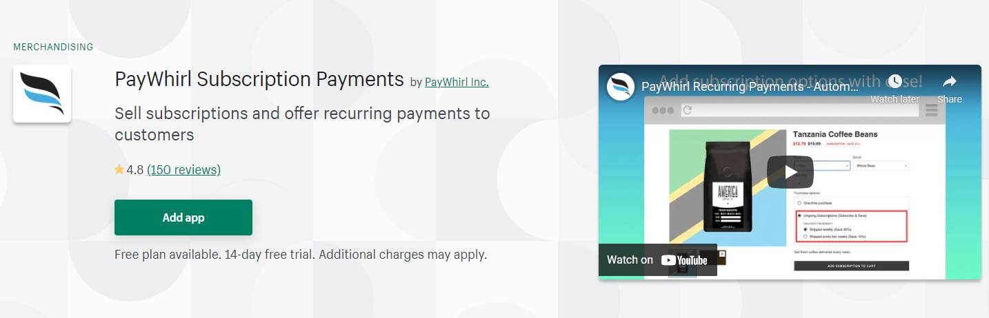 PayWhirl Subscription Payments App For Shopify